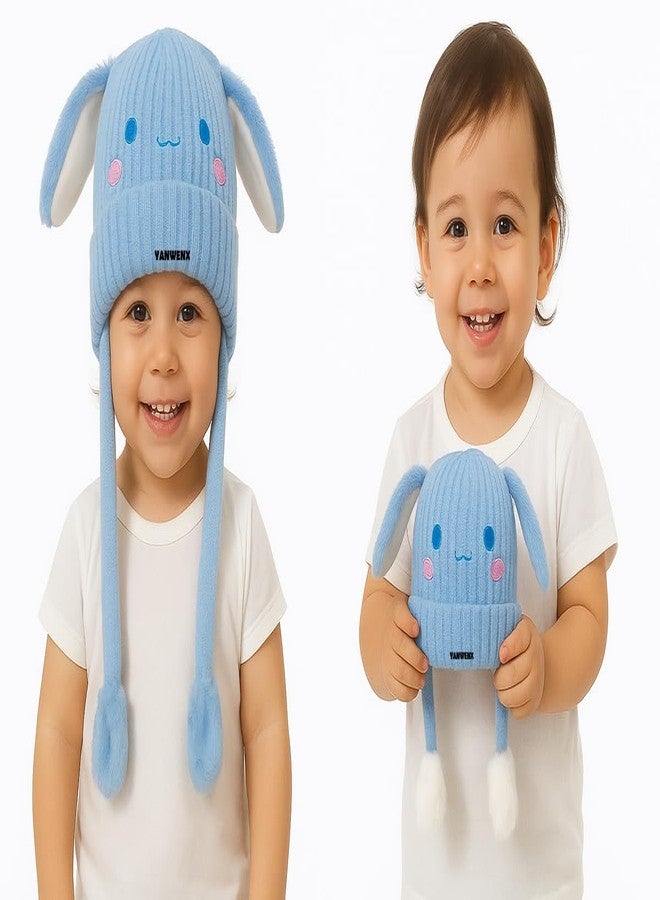Yanwenx Bunny Cap with Moving Ears for Kids (1-10 Yrs) | Plush Wool Winter Hat | Cute Girls Headwear & Funny Cap_Sky Blue - Image 4